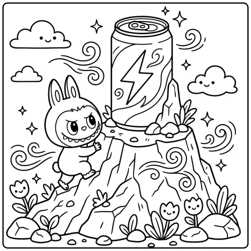 Leuke labubu big into energy kleurplaat met blikje.