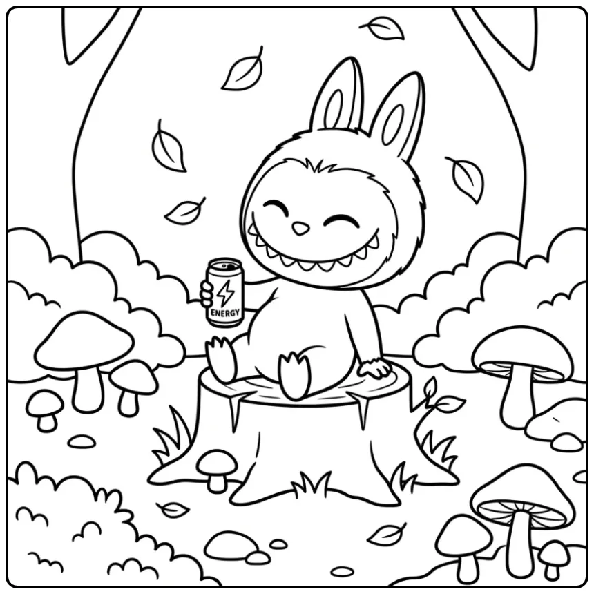 Schattige labubu big into energy kleurplaat in het bos.