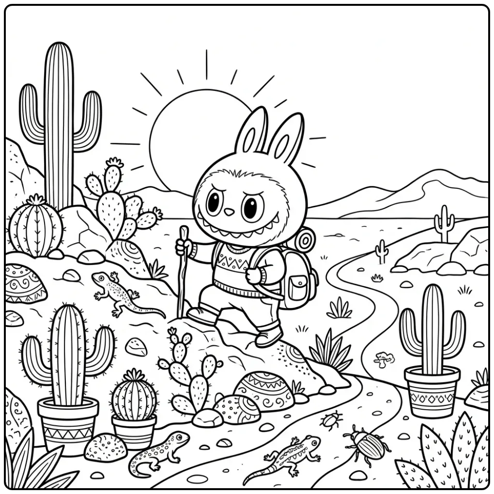 Een vrolijke labubu kleurplaat in de woestijn met cactussen.