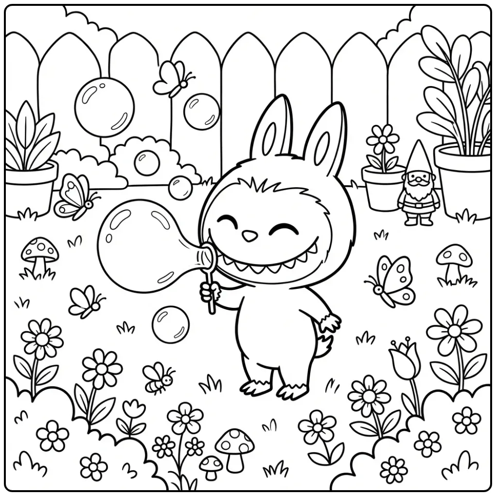 Vrolijke labubu kleurplaat met bellenblaas en vlinders.