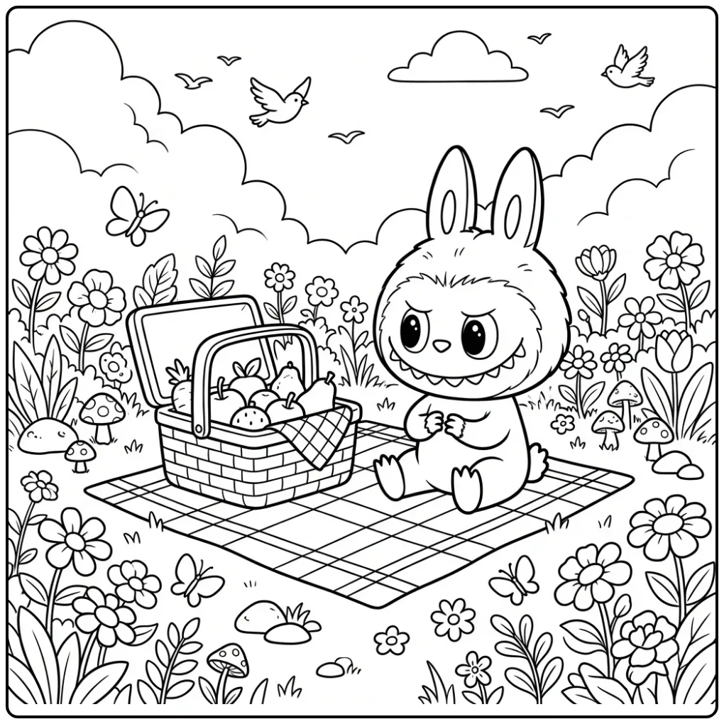 Een vrolijke labubu kleurplaat cute met picknickmand en bloemen.