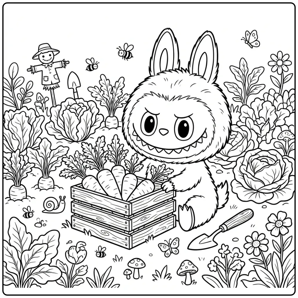 Schattige labubu kleurplaat cute zittend bij worteltjes.