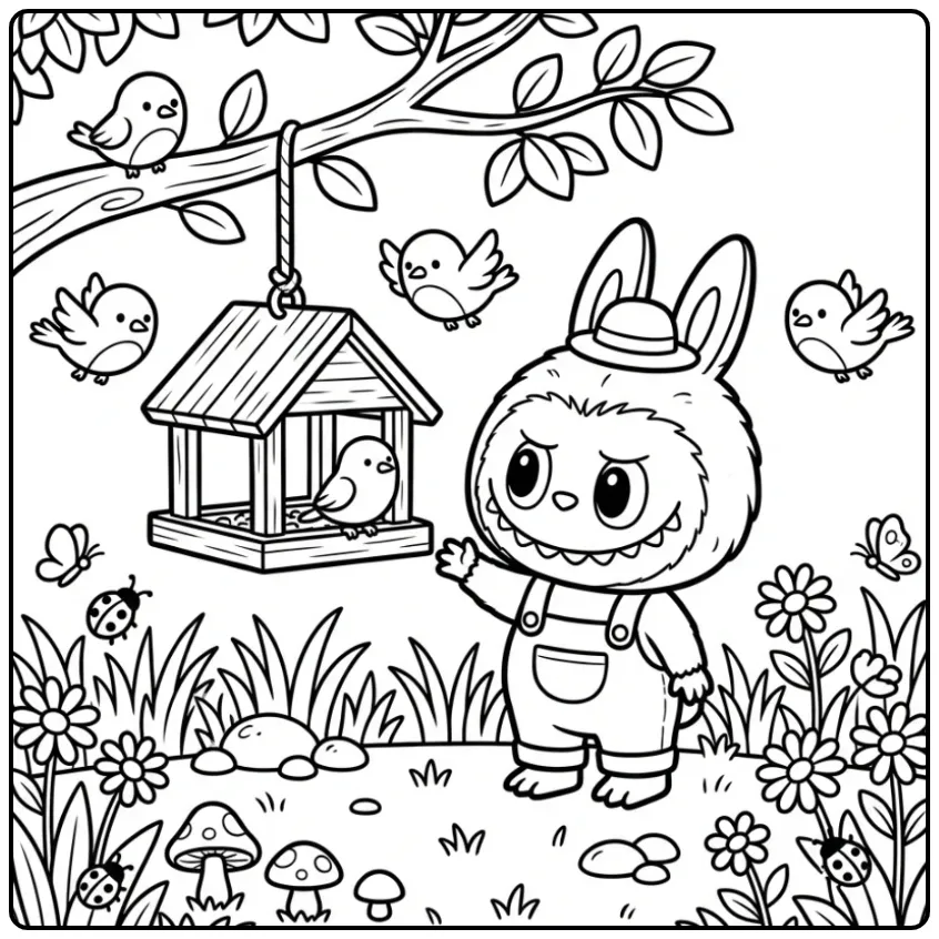 Labubu kleurplaat cute met vogels en een voederhuisje.