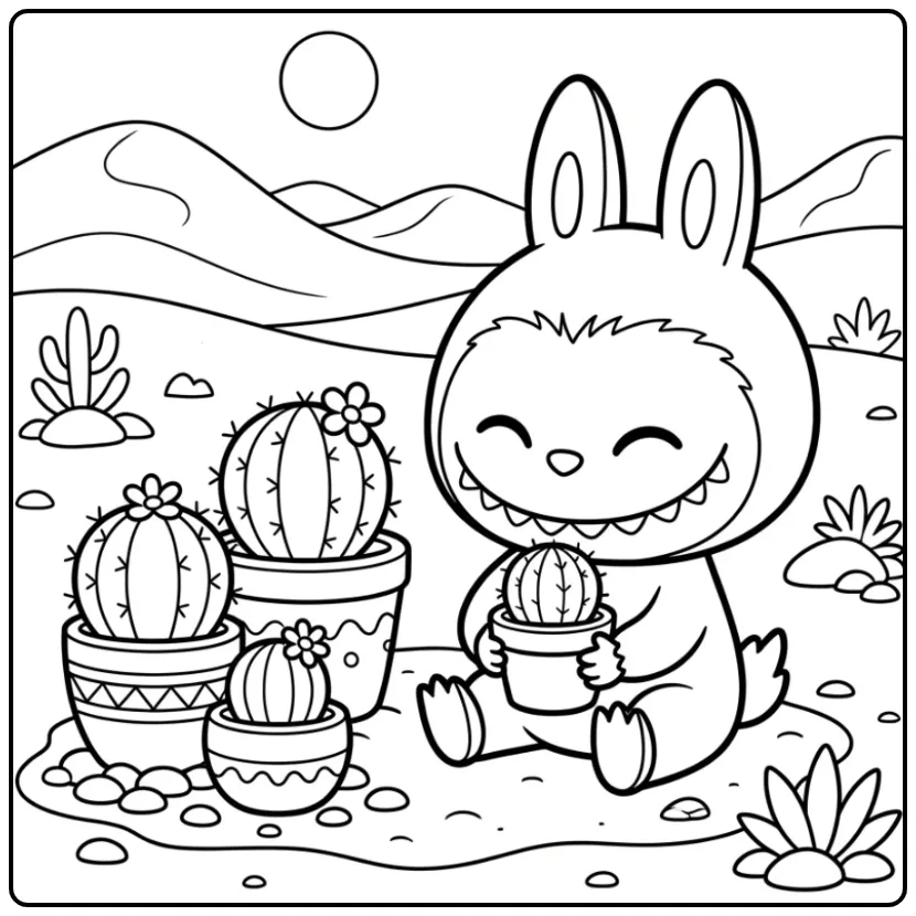 Een schattige labubu kleurplaat cute met kleine cactussen.