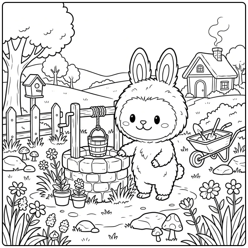 Een labubu kleurplaat cute bij een stenen put met bloemen.