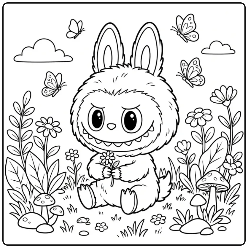 Schattige labubu kleurplaat cute met bloem en vlinders