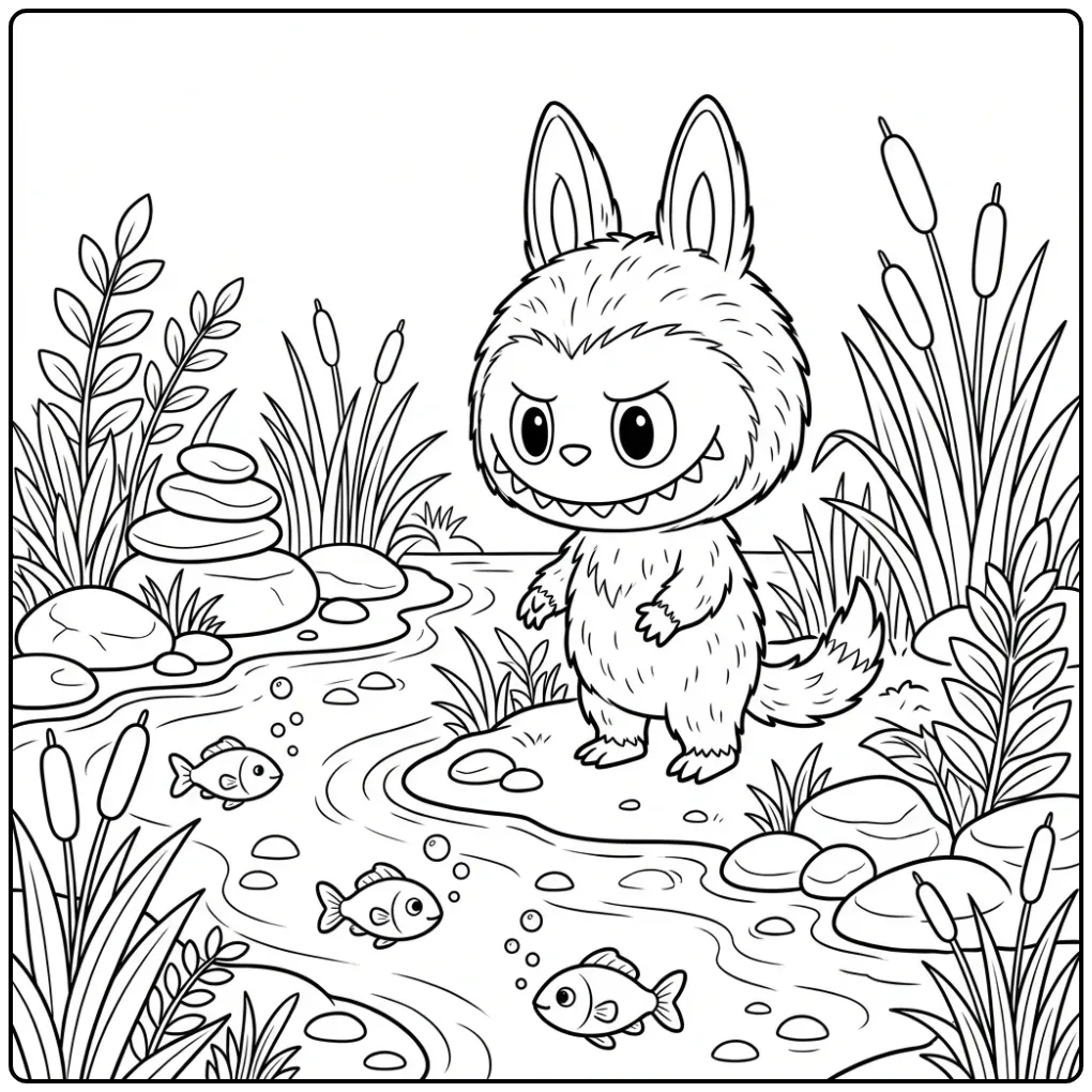 Schattige labubu kleurplaat cute bij een beekje met vissen.