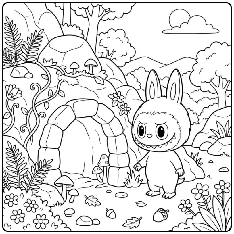 Nieuwe labubu kleurplaat cute bij een spannende grot.