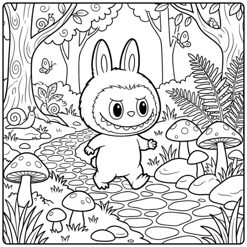 Een vrolijke labubu kleurplaat cute wandelend op een bospad.