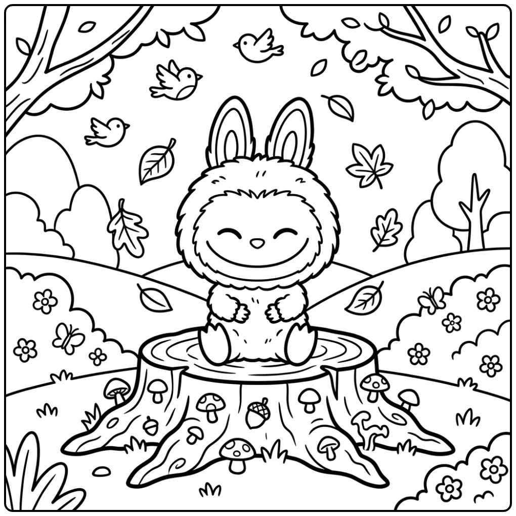 Schattige labubu kleurplaat cute op een boomstronk in het bos.