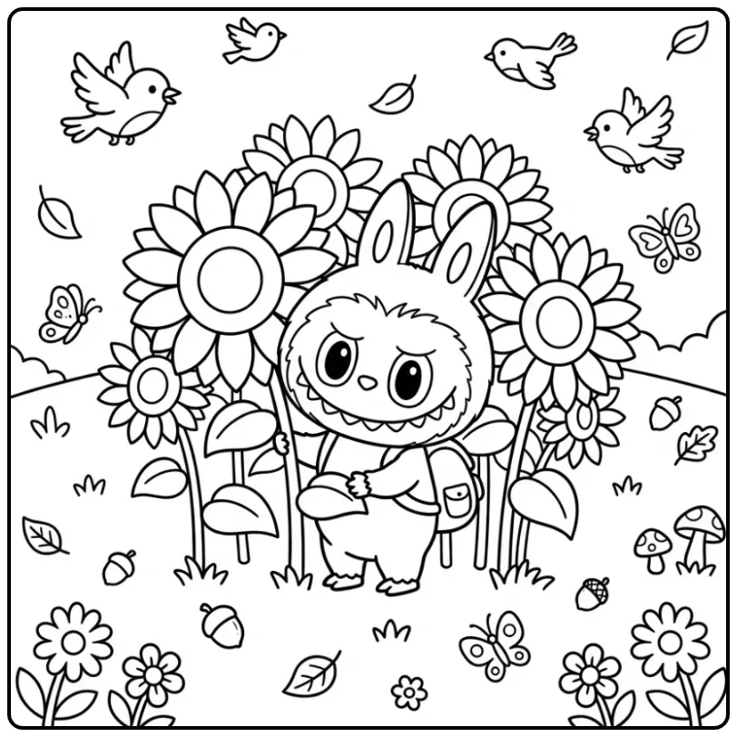 Een labubu kleurplaat cute met zonnebloemen en vogels.