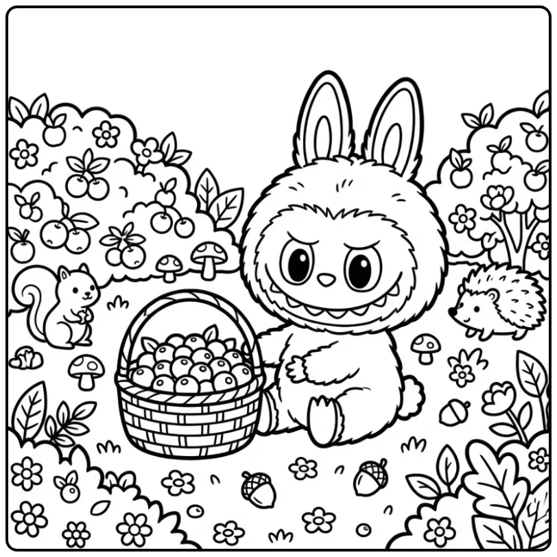 Een schattige labubu kleurplaat cute met bessen in het bos.