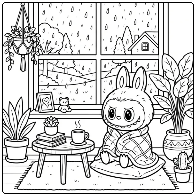 Een knusse labubu kleurplaat met een deken bij het raam.