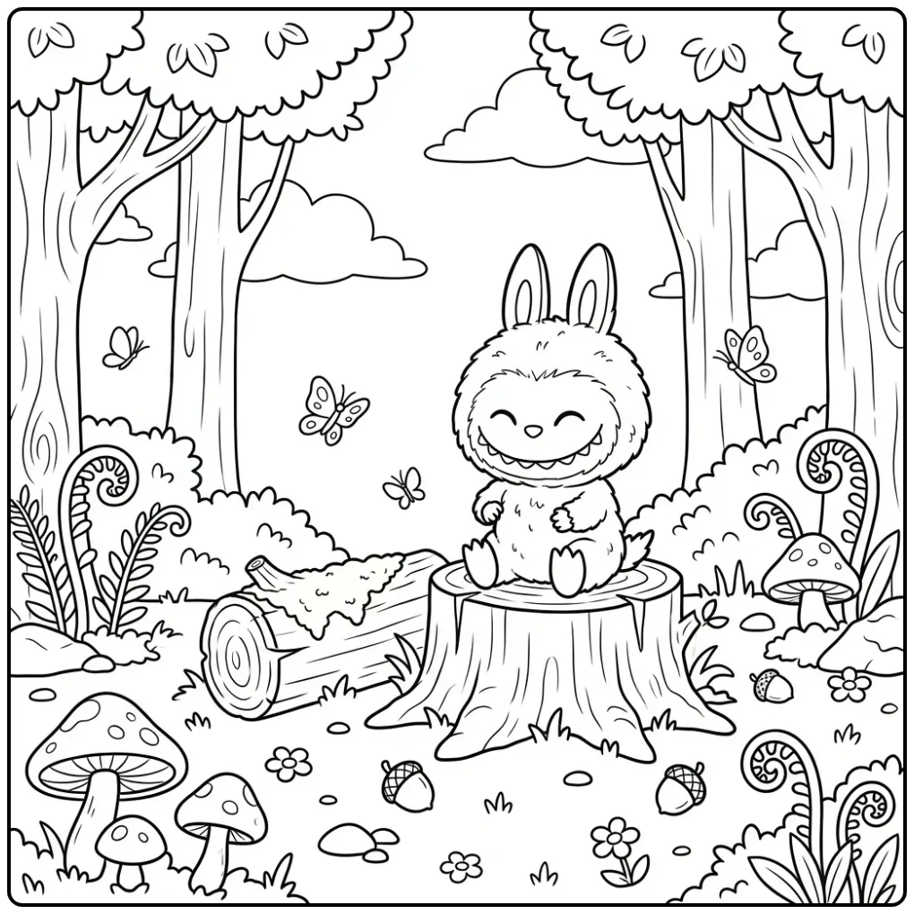 Schattige labubu kleurplaat have a seat tussen de vlinders.