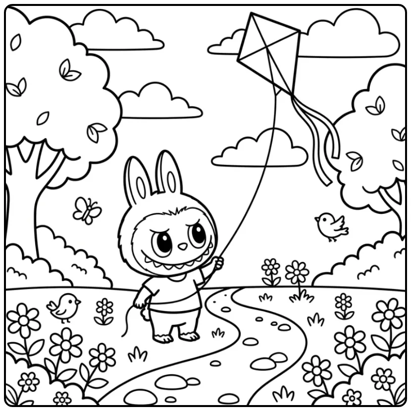 Vrolijke labubu kleurplaat makkelijk met vlieger in het park.