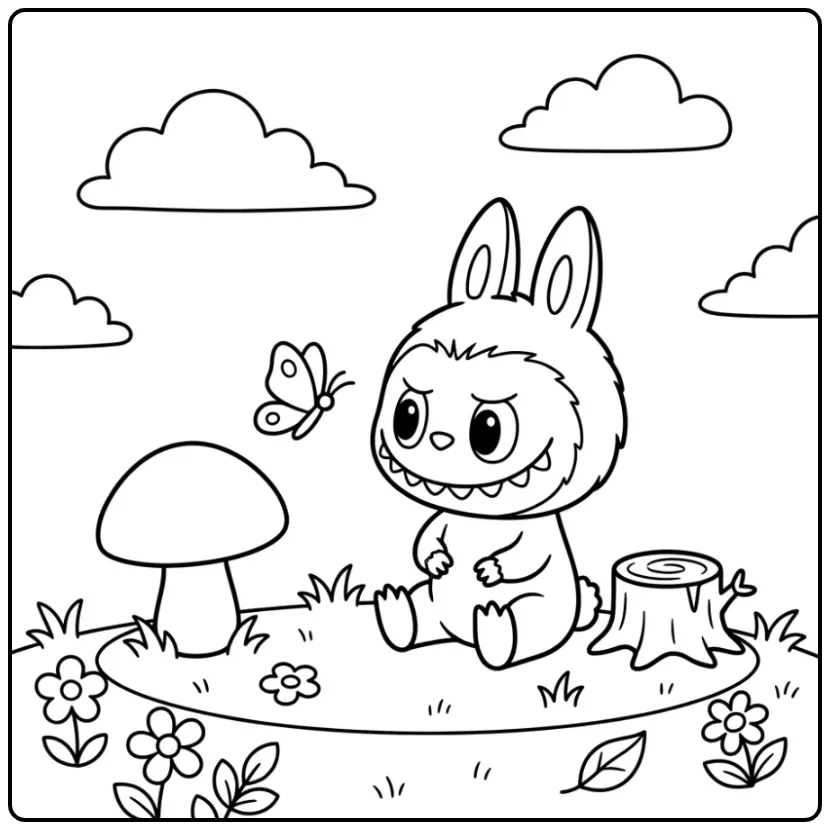 Schattige labubu kleurplaat makkelijk met vlinder in bos.