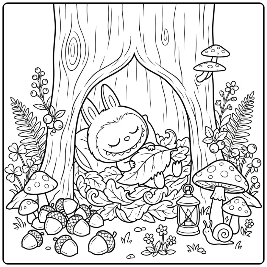 Schattige labubu kleurplaat van een slapende Labubu in een boom