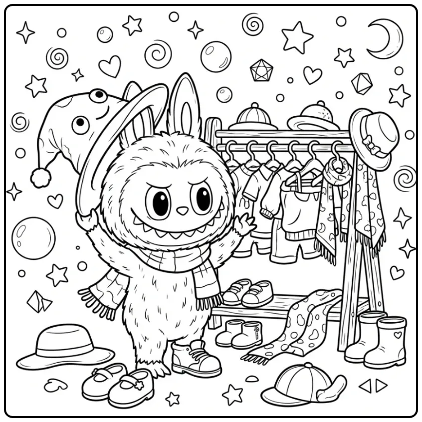 Schattige labubu kleurplaat met kleren en accessoires.