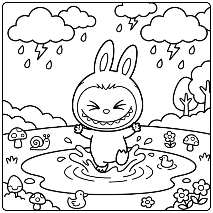 Vrolijke labubu kleurplaat springend in een regenplas.