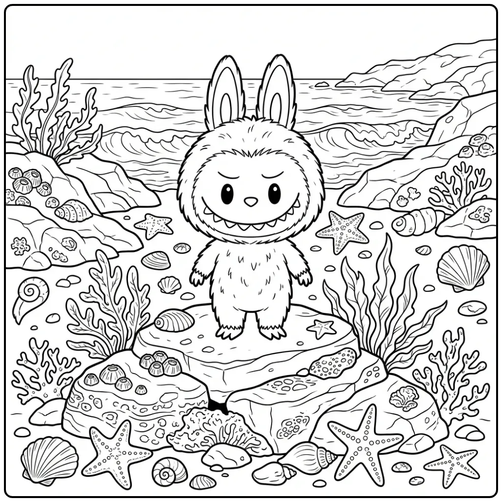 Een gedetailleerde labubu kleurplaat moeilijk met zeedieren.