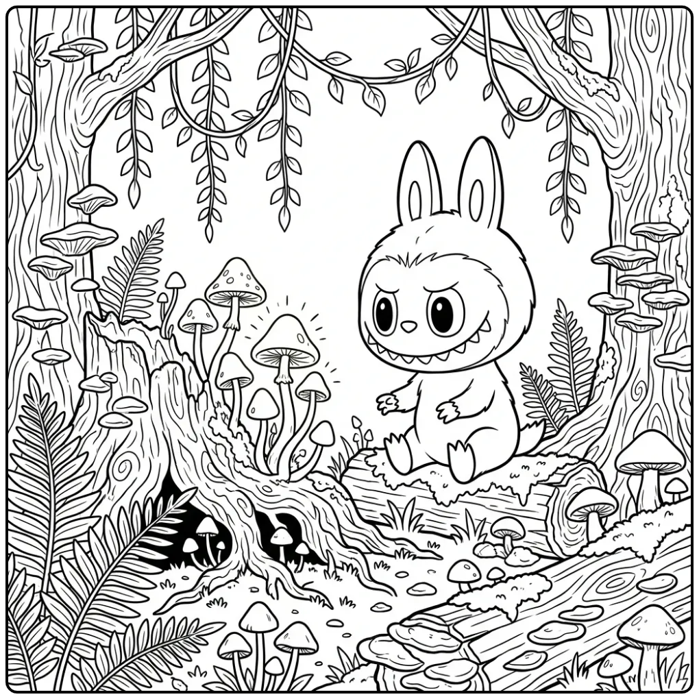 Gedetailleerde labubu kleurplaat moeilijk in magisch woud.