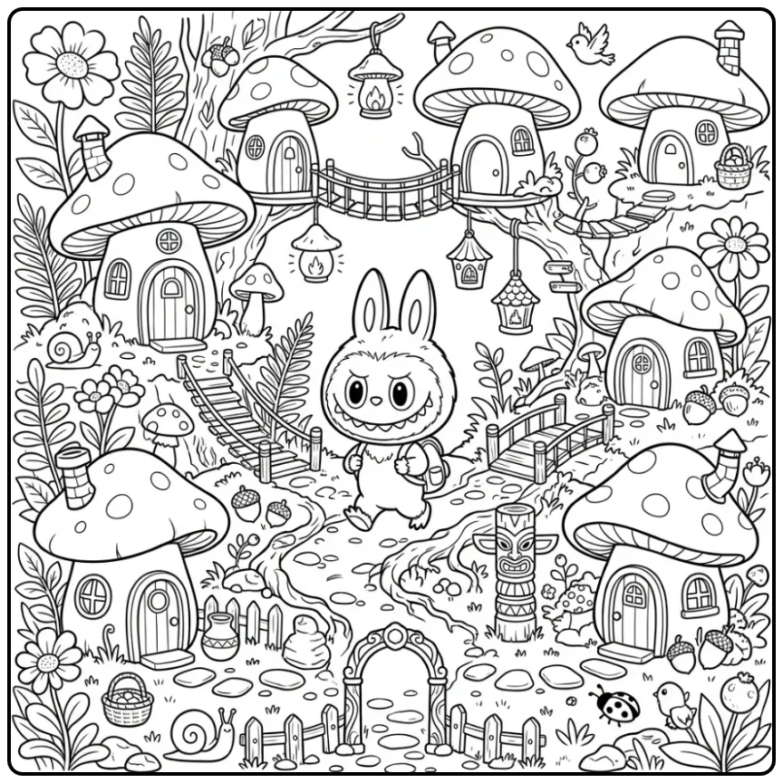 Mooie labubu kleurplaat moeilijk met bosdorp en details.