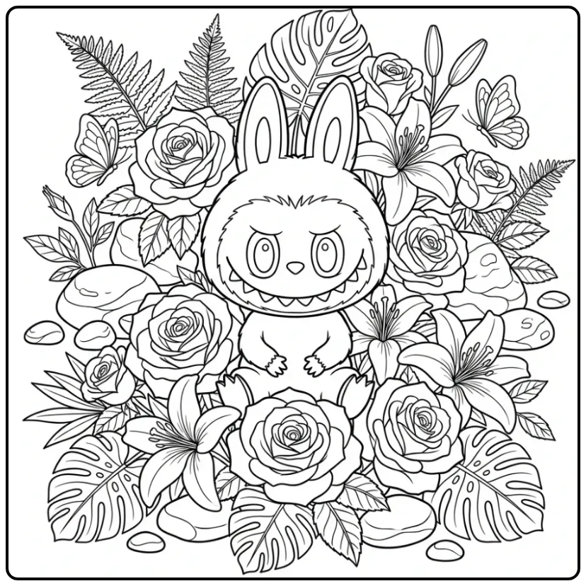 Gedetailleerde labubu kleurplaat moeilijk met veel bloemen.