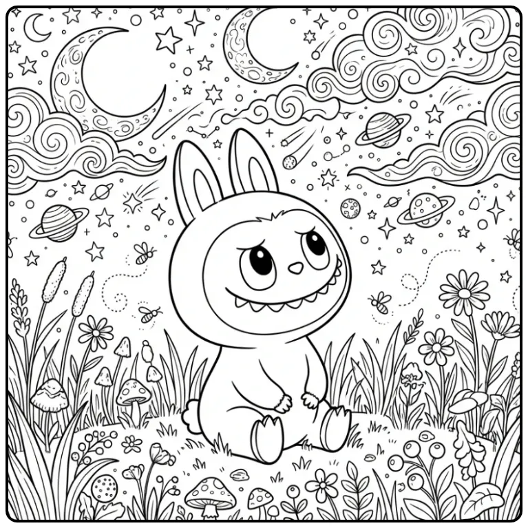 Labubu kleurplaat moeilijk met sterren en maan in de wei.