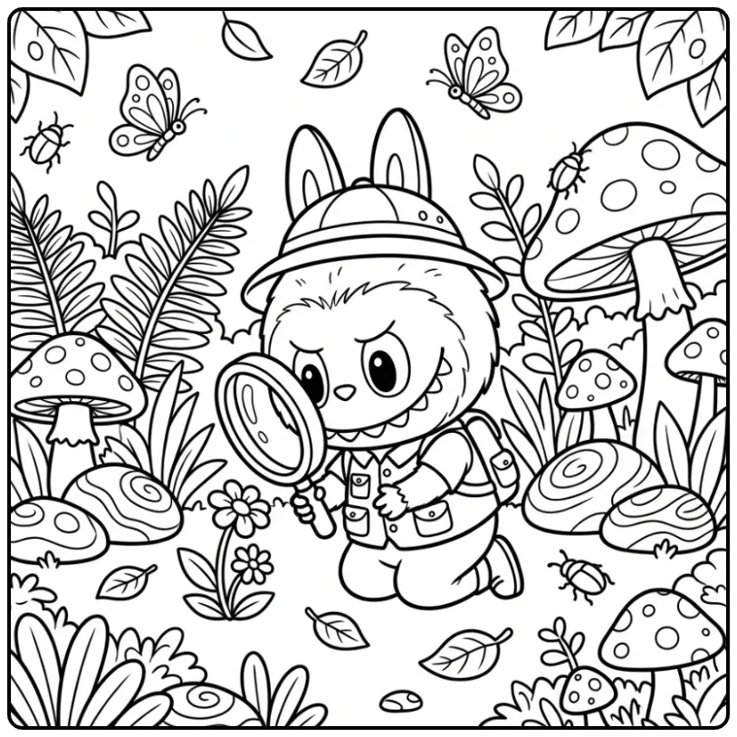 Gedetailleerde labubu kleurplaat moeilijk in de tuin.