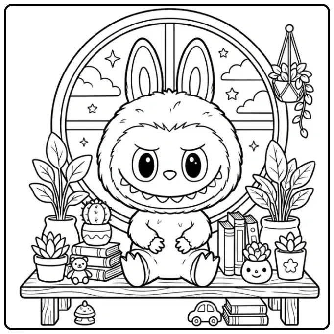Schattige labubu pop kleurplaat op een plankje met planten.