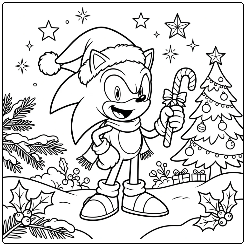 Vrolijke sonic kerst kleurplaat met lachende Sonic, zuurstok