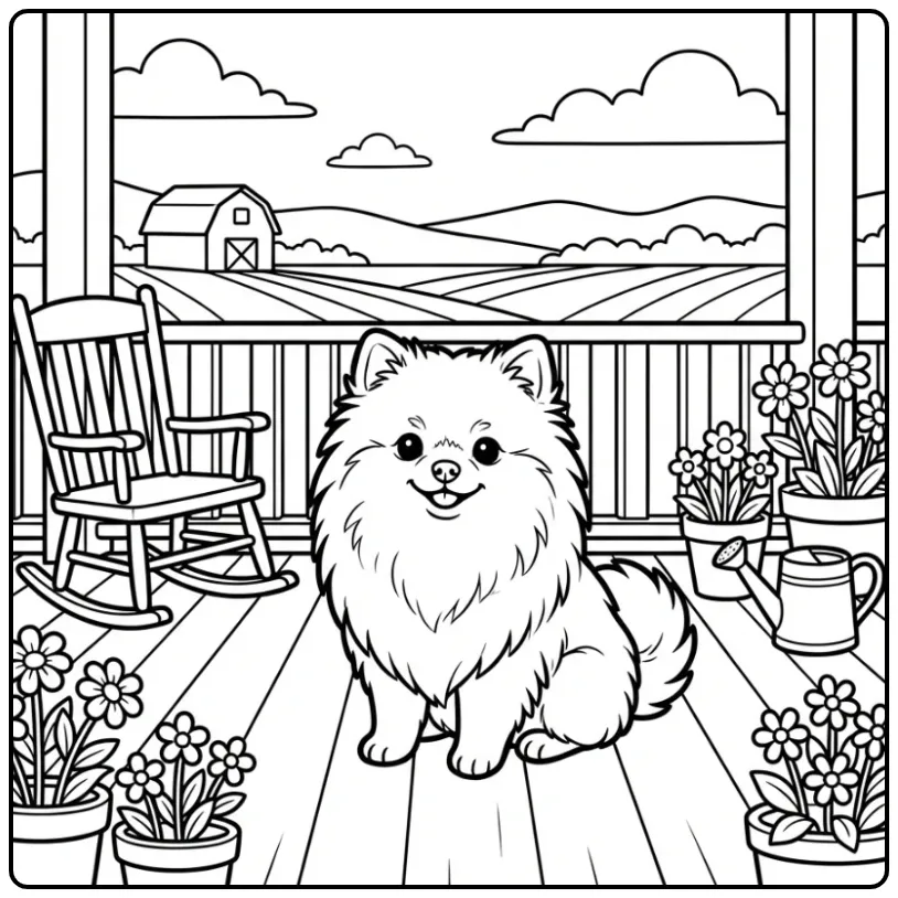 Kleurplaat pomeriaan zittend op een veranda met uitzicht.
