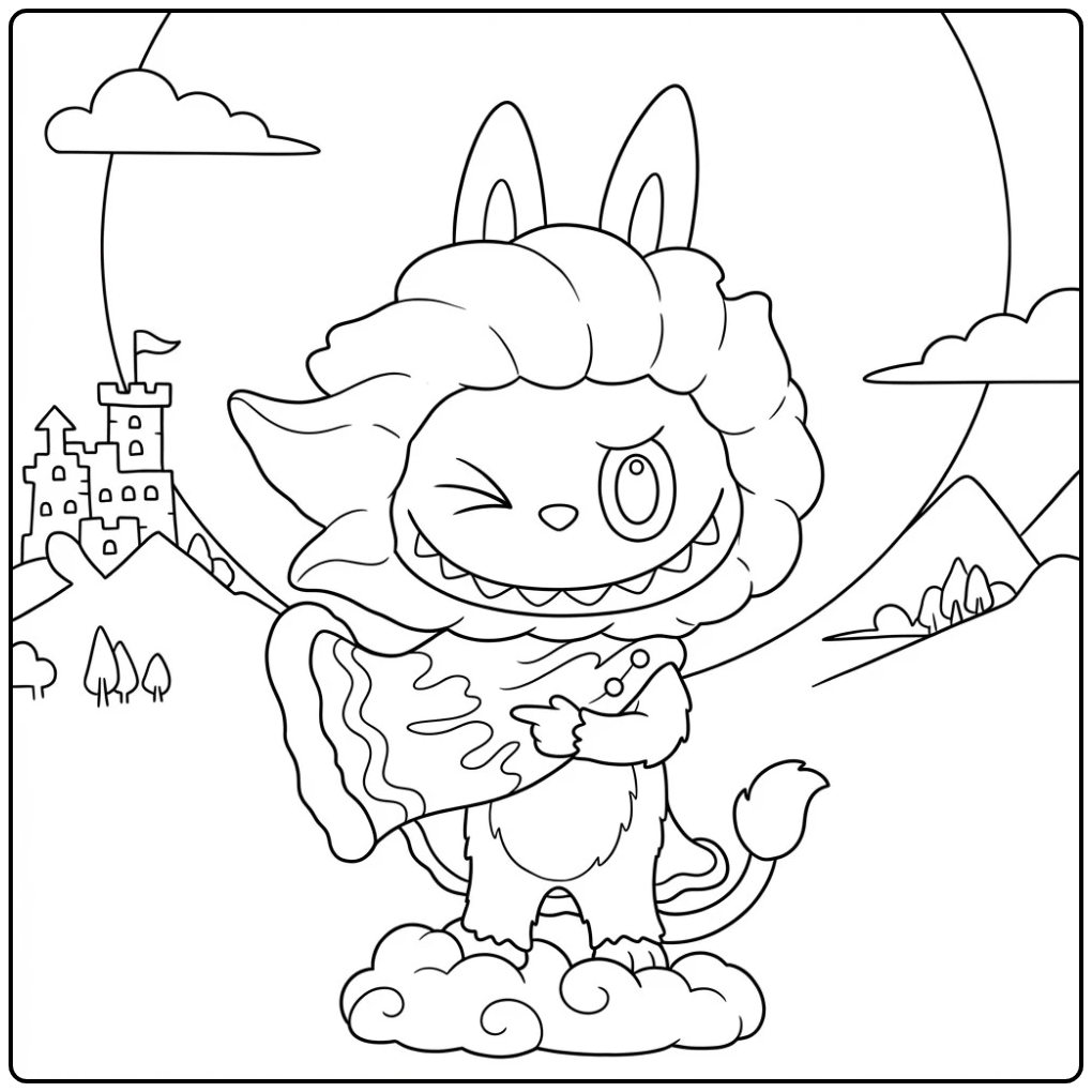 Leeuw kleurplaat met een kasteel en wolken op de achtergrond.