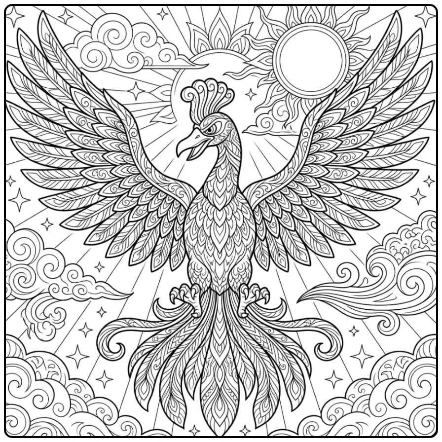 Ho-Oh toont majestueuze vleugels, een kleurplaat pokemon moeilijk.