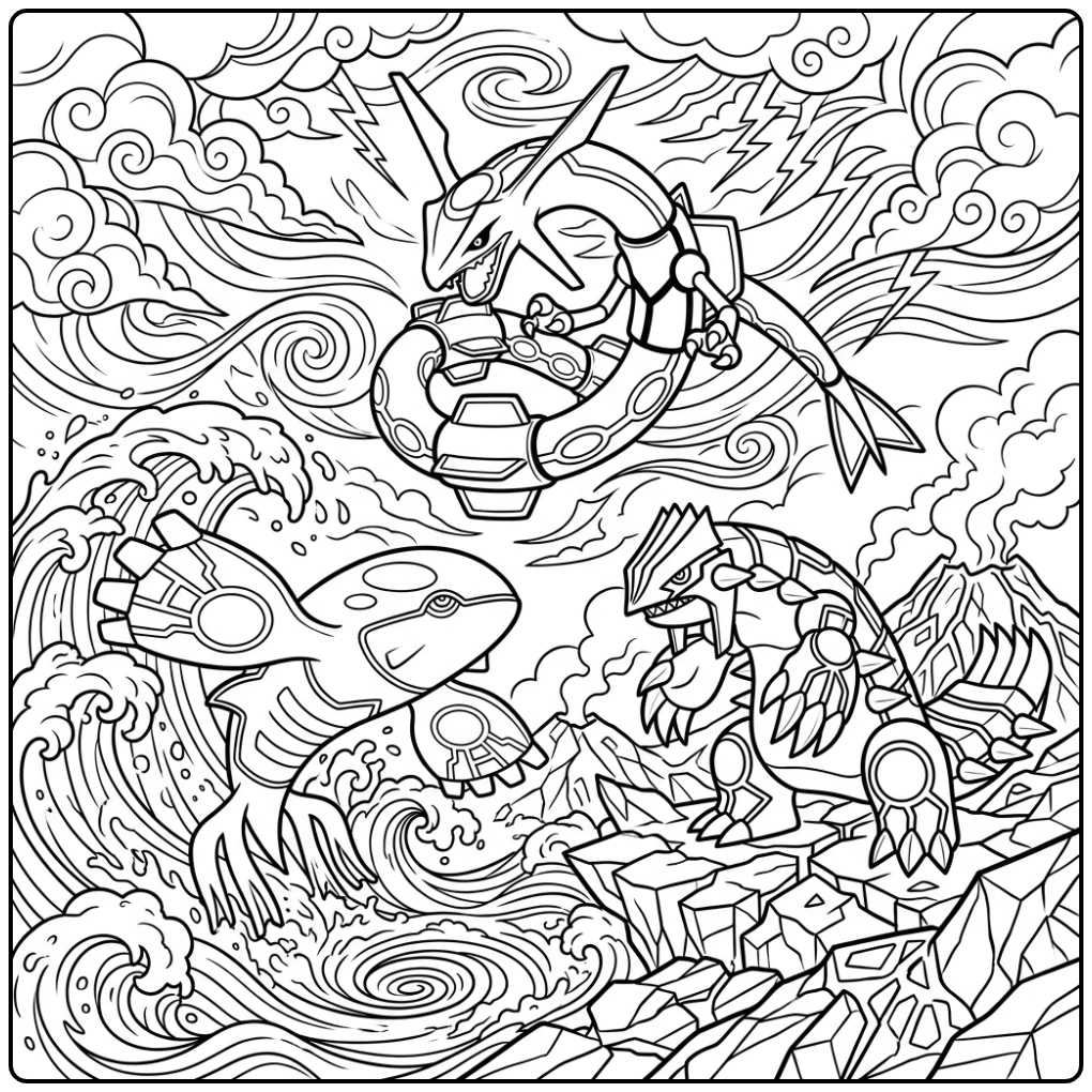 Epische kleurplaat pokemon moeilijk: Rayquaza, Kyogre, Groudon.
