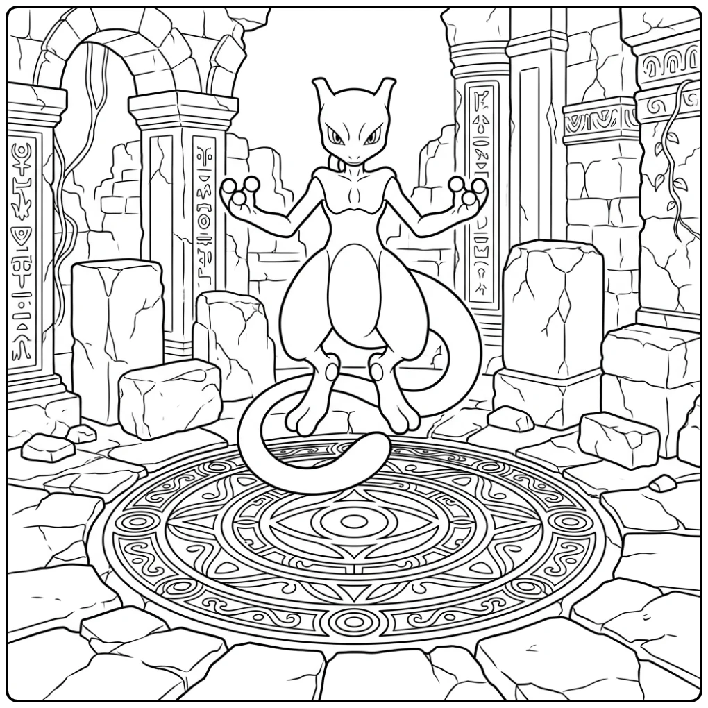 Zwevende mewtwo kleurplaat in een oude ruïne met symbolen.