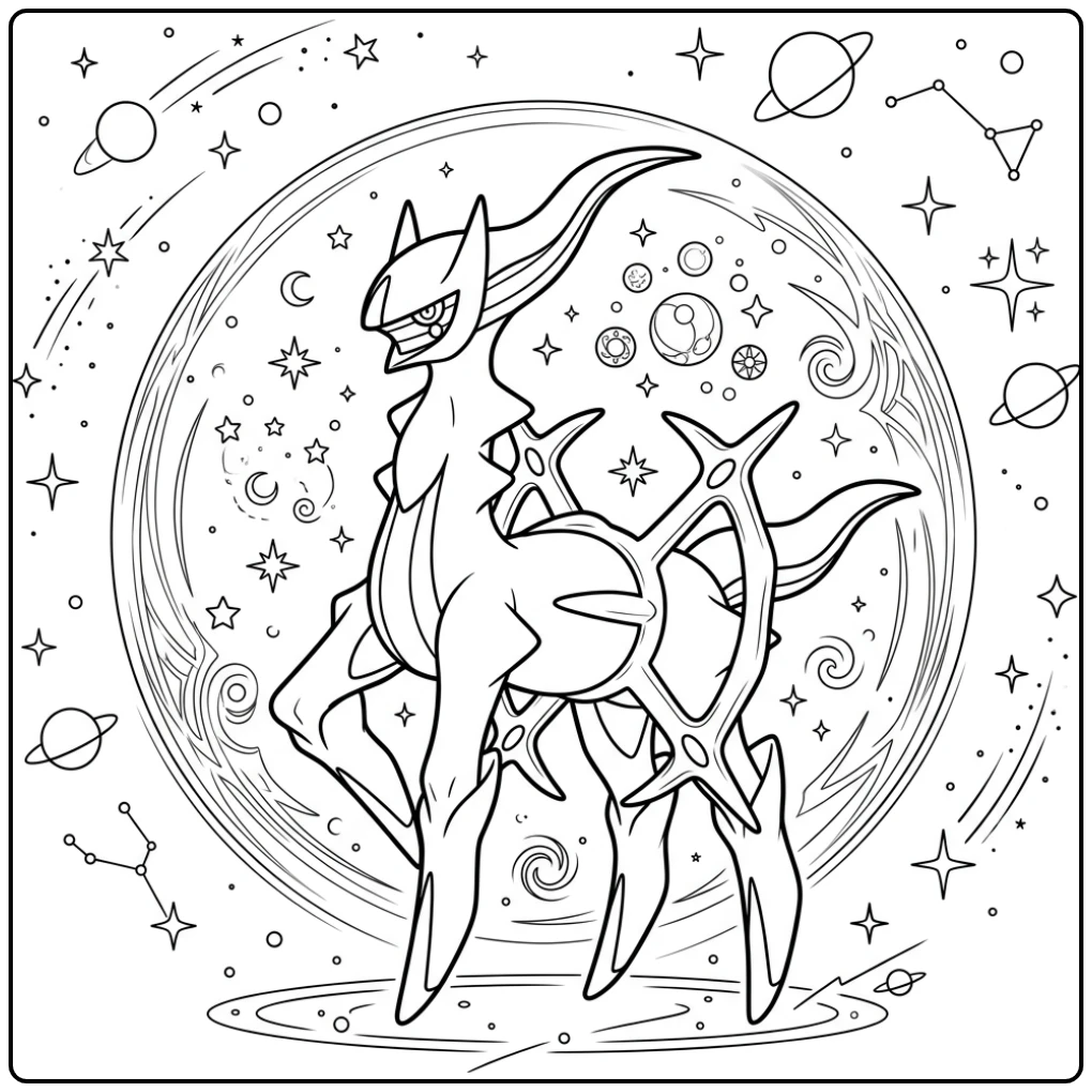 Majestueuze pokemon kleurplaat arceus met magische aura rond sterren.
