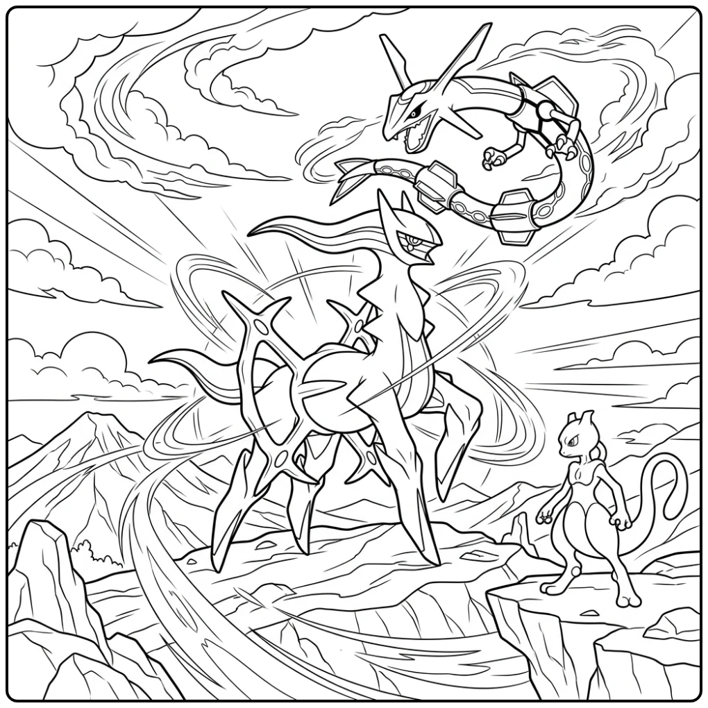 Episch moment met pokemon kleurplaat arceus, Rayquaza en Mewtwo.