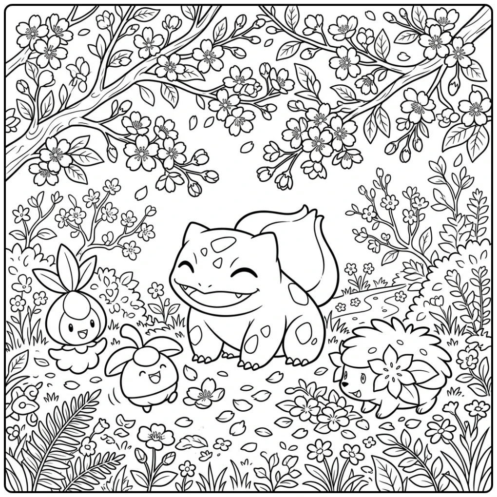 Leuke bulbasaur kleurplaat met vrienden in de lente.