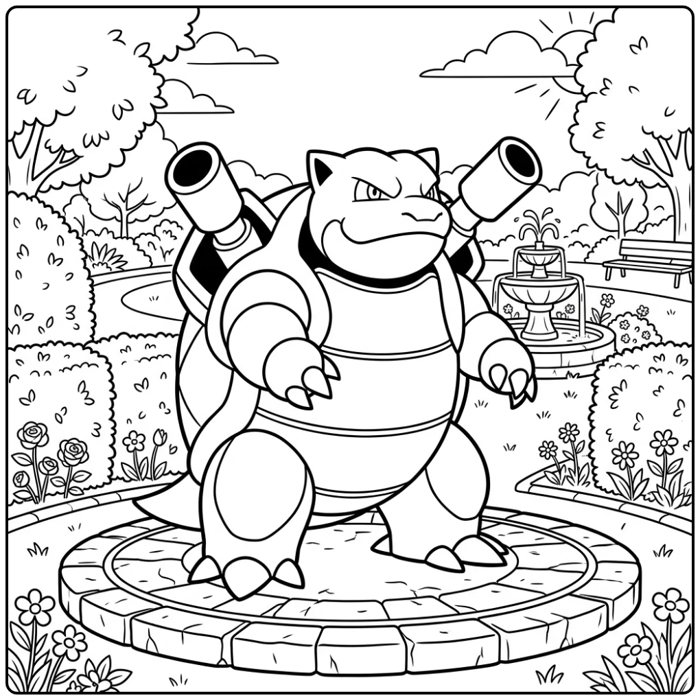 Mooie kleurplaat pokemon blastoise in een prachtig park.