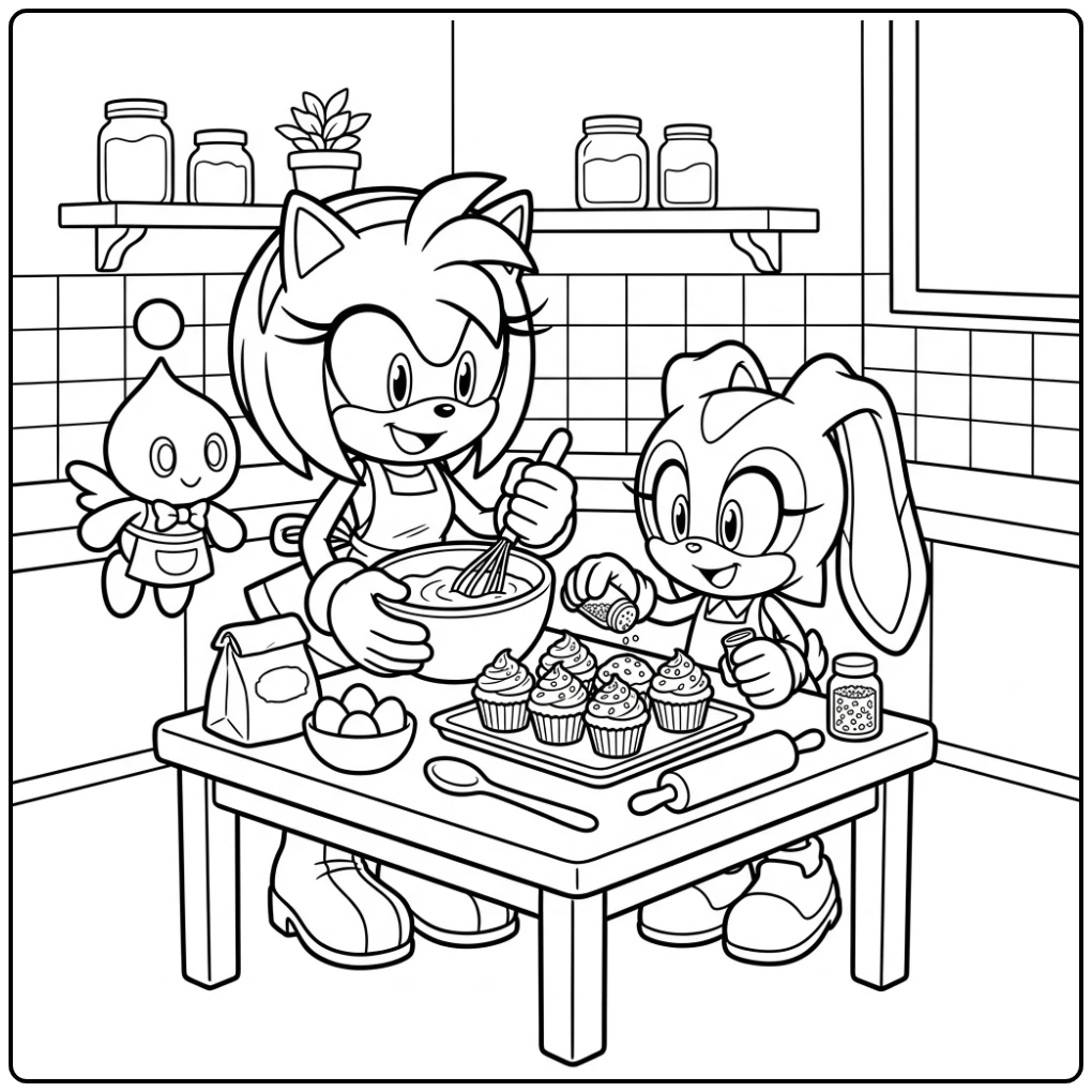 Amy Rose en Cream bakken cupcakes, een vrolijke amy sonic kleurplaat.