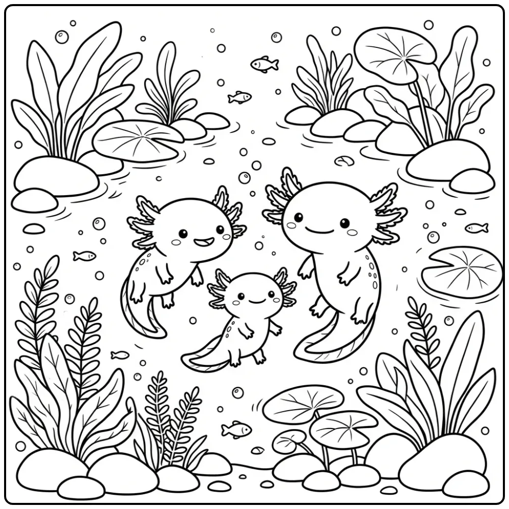 Schattige axolotl kleurplaat met drie zwemmende vriendjes.