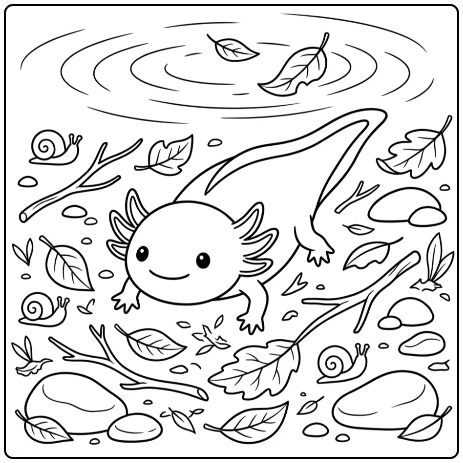 Een schattige axolotl kleurplaat in een vijver met slakjes.