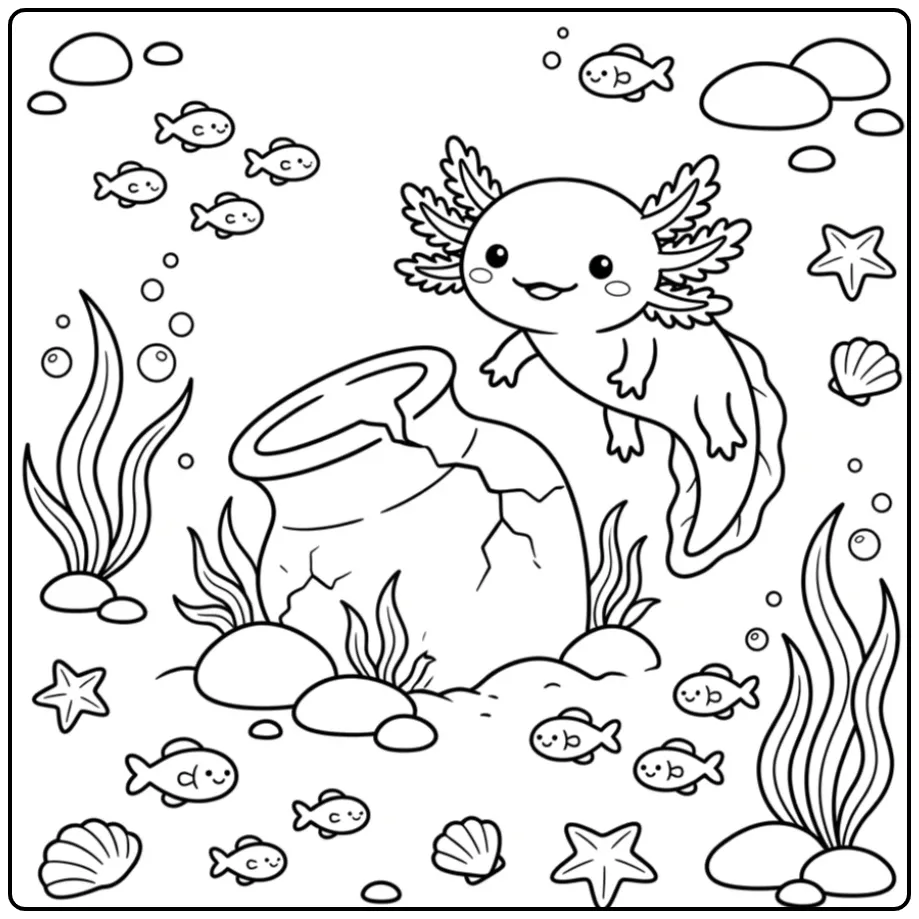 Schattige axolotl kleurplaat zwemmend langs een oude kleipot.