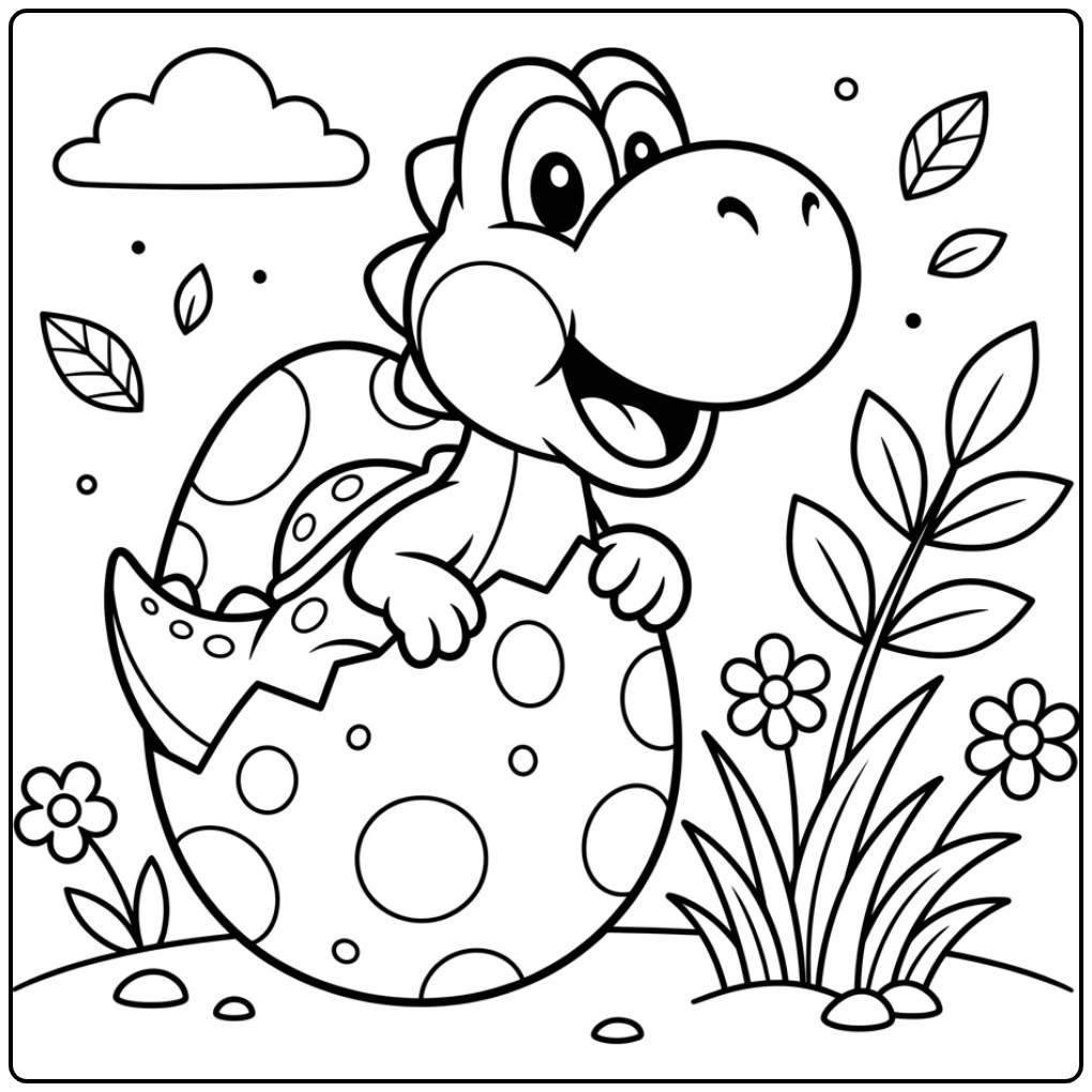 Speelse baby yoshi kleurplaat gluurt achter ei bij plantjes