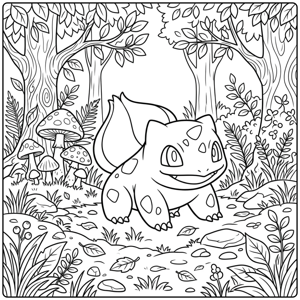 bulbasaur kleurplaat in een bos met paddenstoelen en gras.