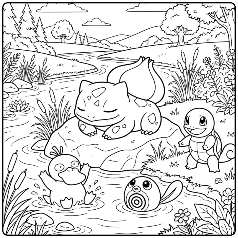 Rustgevende bulbasaur kleurplaat bij een kabbelende rivier.