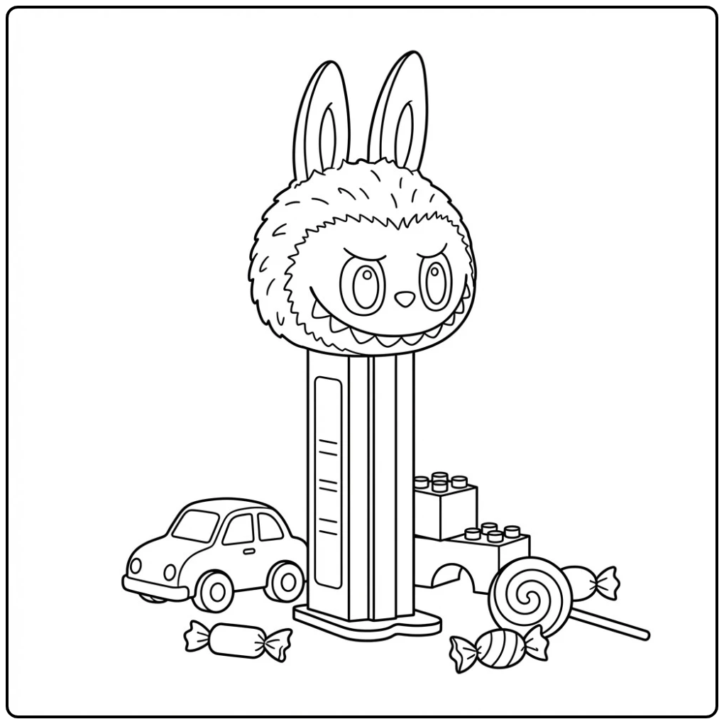 Buz Candy kleurplaat met snoep, auto en blokken.