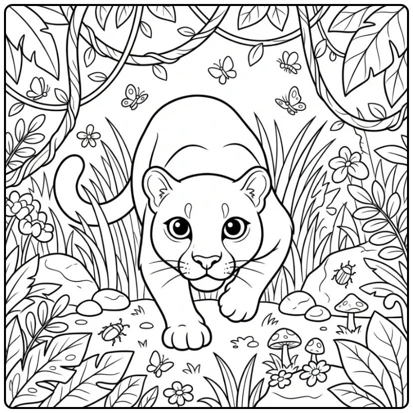 Een schattige puma kleurplaat hurkend in het junglegras.