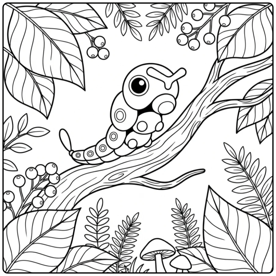 Caterpie kleurplaat met de Pokémon op een kronkelende tak.